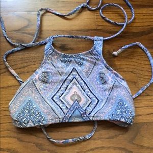 blue and pink patterned halter top